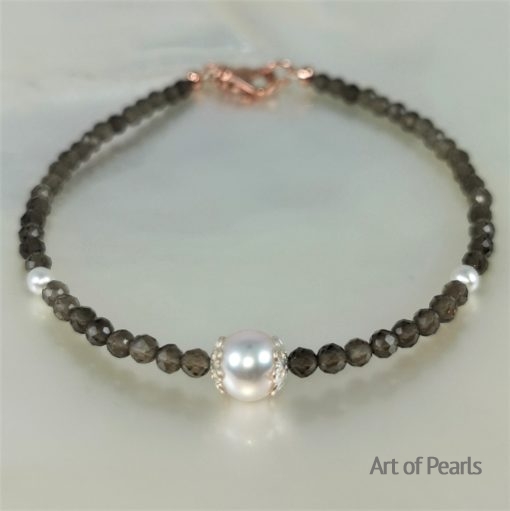 Quartz fumé bracelet perles Akoya Ag925