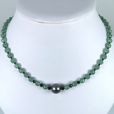 collier Ag925 pierres fines et perle noire de Tahiti