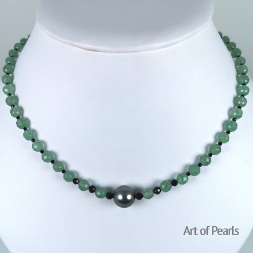 collier Ag925 pierres fines et perle noire de Tahiti