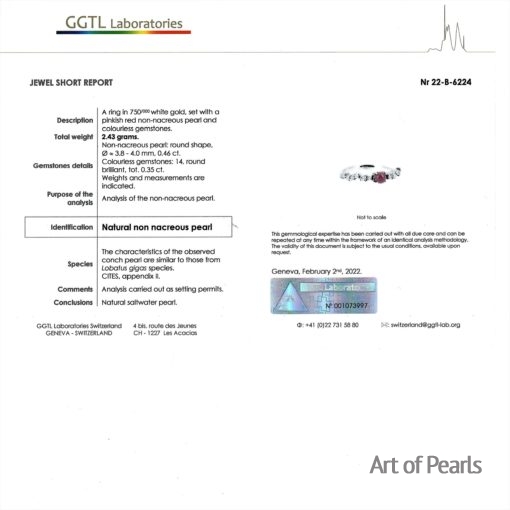Certificat GGTL bague OG18K perle de Conche