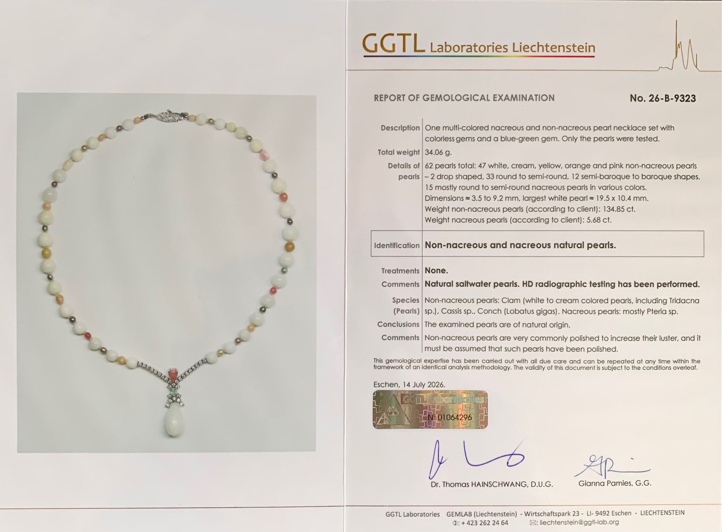 Certificat laboratoire GGTL perles naturelles