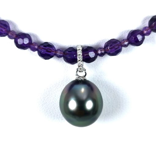 collier perle noire de tahiti diamants et améthystes