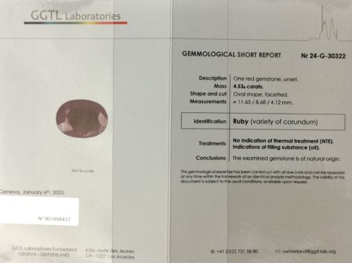 certificat GGTL rubis naturel oval