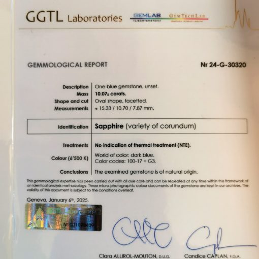 certificat GGTL saphir bleu naturel 10.07cts