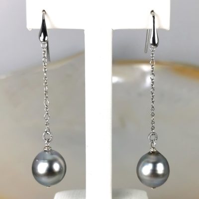 longues boucles d'oreilles en argent 925 avec perles de Tahiti 13x14 mm