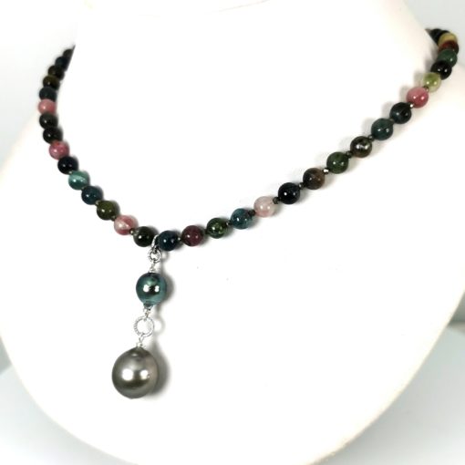 bijou collier en argent 925 avec perles noires de Tahiti et pierres naturelles